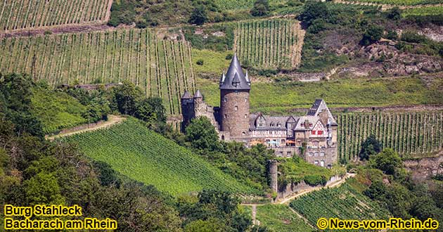 Stahleck Castle in Bacharach am Rhein is surrounded by many vineyards.